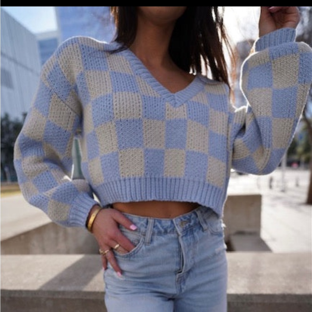 Blue Blush Checkered Crop Top - Blue and Cream